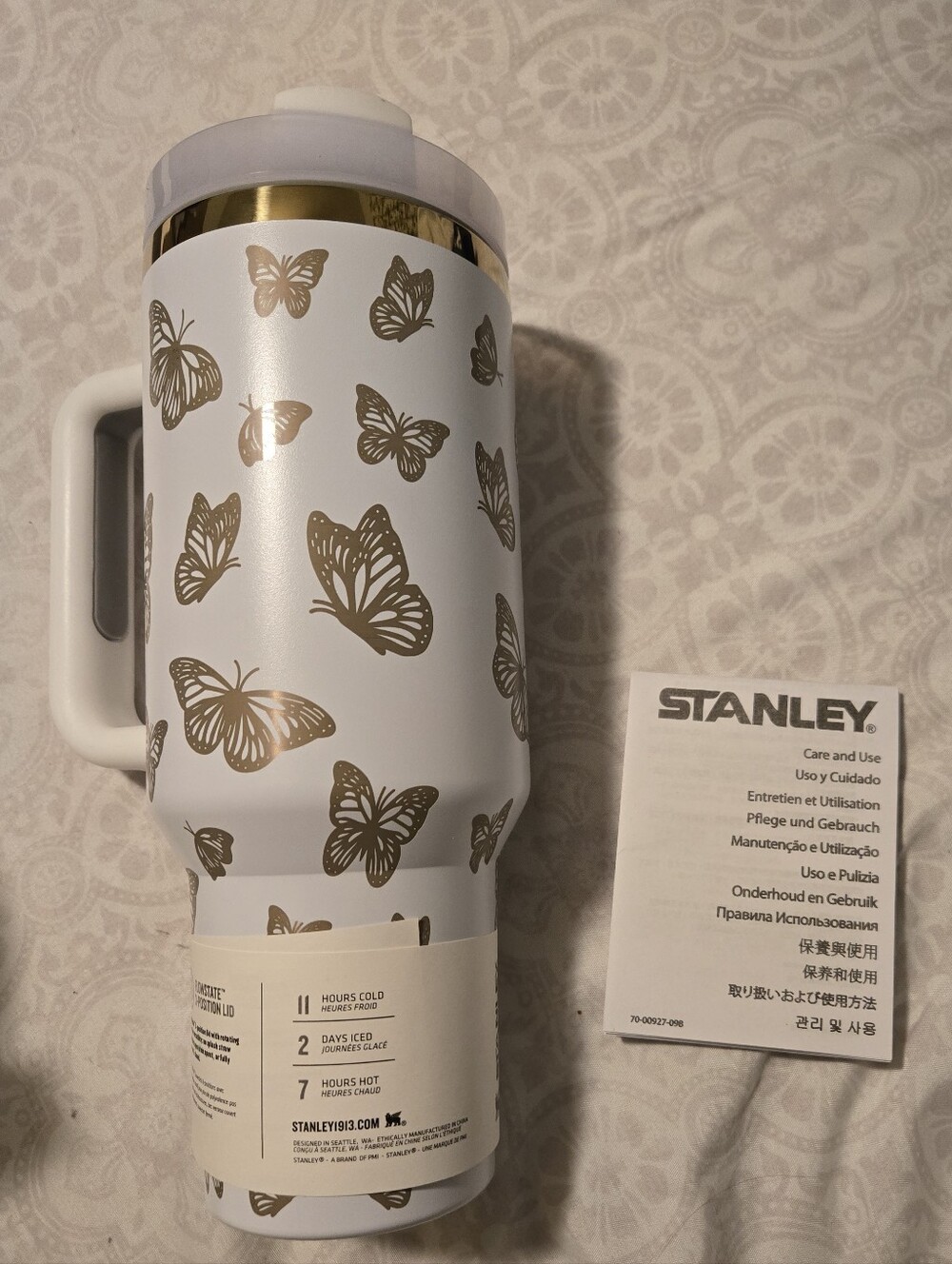 Stanley White and Gold Butterfly Insulated Travel Tumbler 40 oz